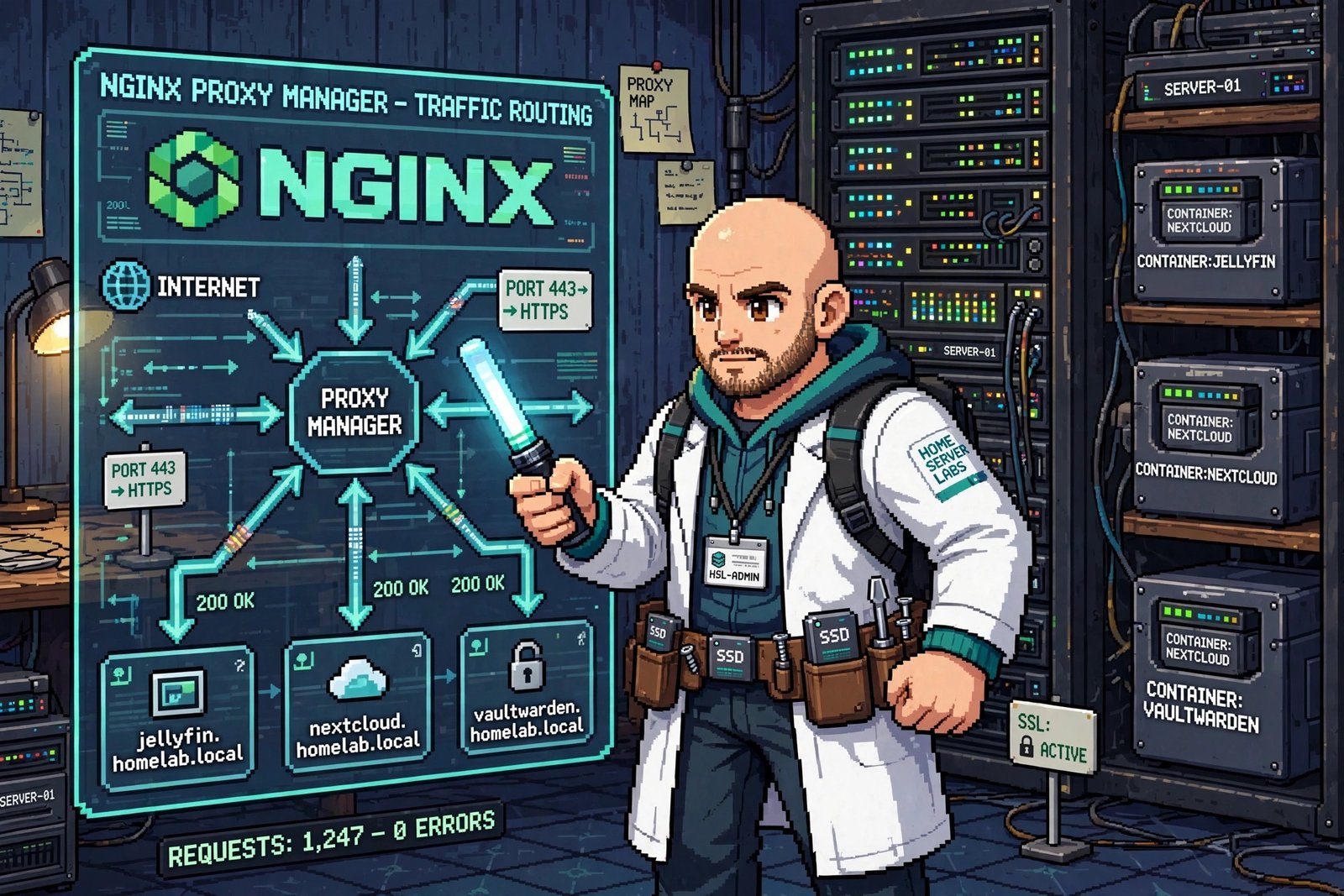 Nginx Proxy Manager 16-bit illustratie - Home Server Labs