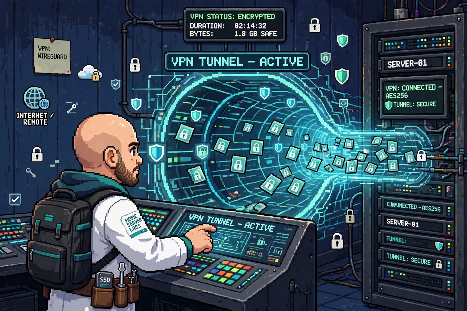 VPN (WireGuard) 16-bit illustratie - Home Server Labs