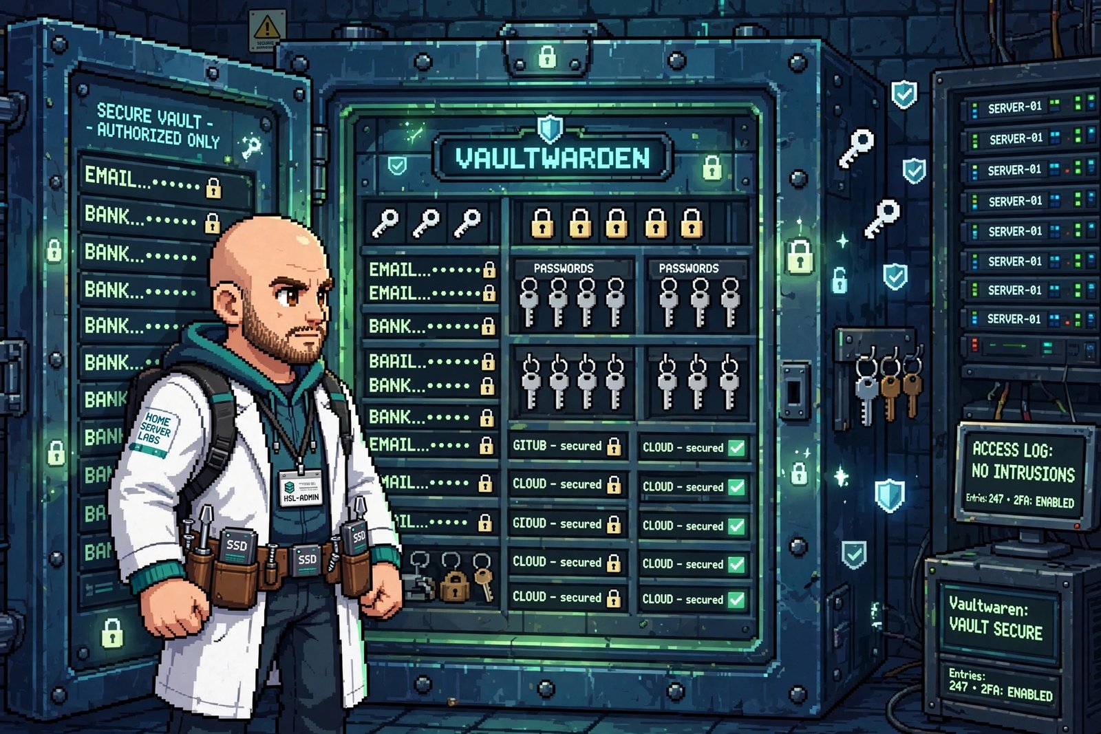 Vaultwarden 16-bit illustratie - Home Server Labs
